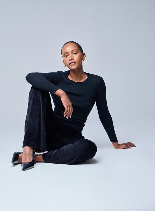 T-shirt Noir Col Rond Manches Longues en Cachemire - MAJESTIC FILATURES