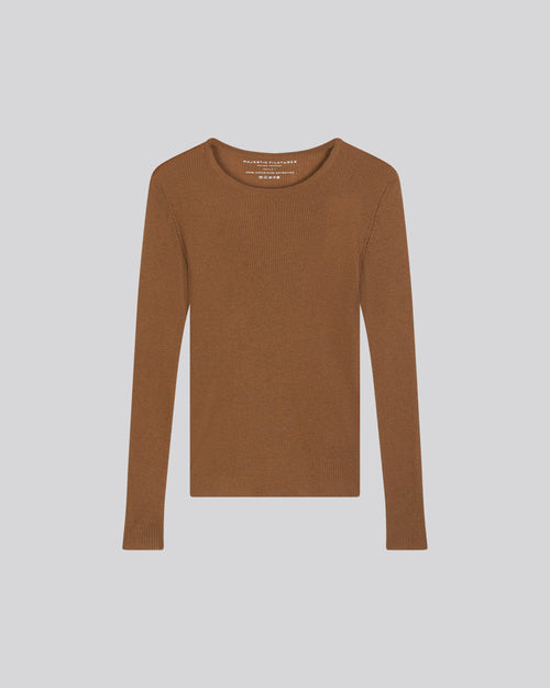 Beige Long Sleeve Round Neck T-Shirt in Cashmere - MAJESTIC FILATURES