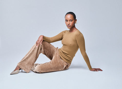Beige Long Sleeve Round Neck T-Shirt in Cashmere - MAJESTIC FILATURES