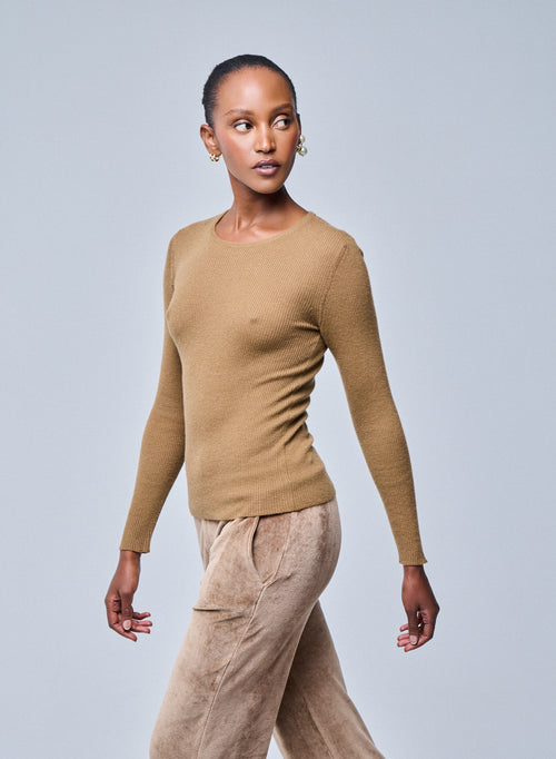 Beige Long Sleeve Round Neck T-Shirt in Cashmere - MAJESTIC FILATURES