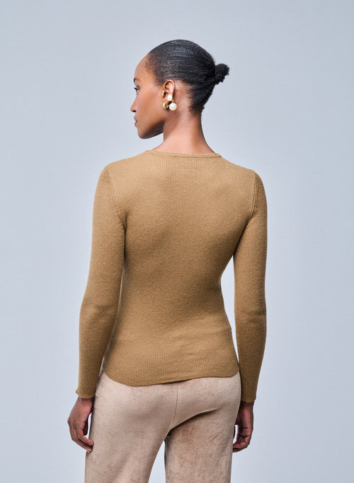 Beige Long Sleeve Round Neck T-Shirt in Cashmere - MAJESTIC FILATURES
