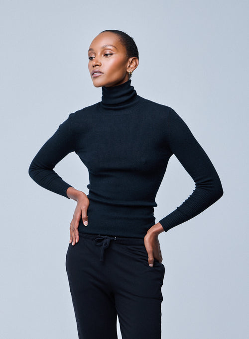 Black Long Sleeve Cashmere High Neck T-Shirt - MAJESTIC FILATURES