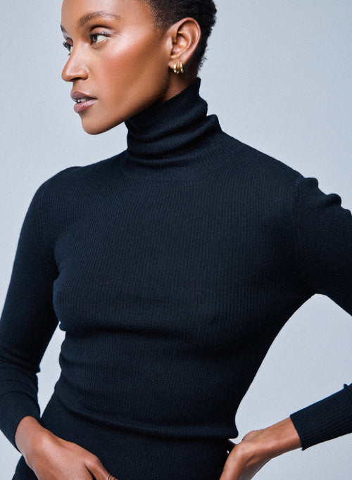 Black Long Sleeve Cashmere High Neck T-Shirt - MAJESTIC FILATURES