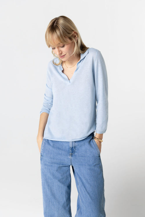 Polo bleu clair Manches Trois quarts en Cachemire - MAJESTIC FILATURES