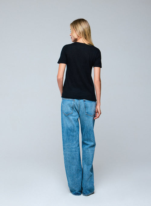 Black Round Neck Short Sleeve Cashmere T-Shirt - MAJESTIC FILATURES