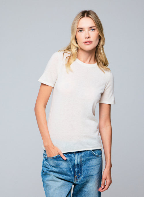White Round Neck Short Sleeve Cashmere T-Shirt - MAJESTIC FILATURES
