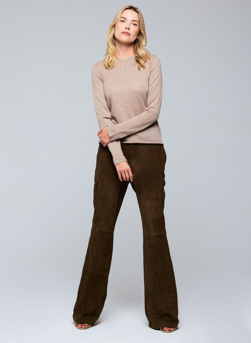 T-shirt Beige Col Rond Manches Longues en Cachemire - MAJESTIC FILATURES