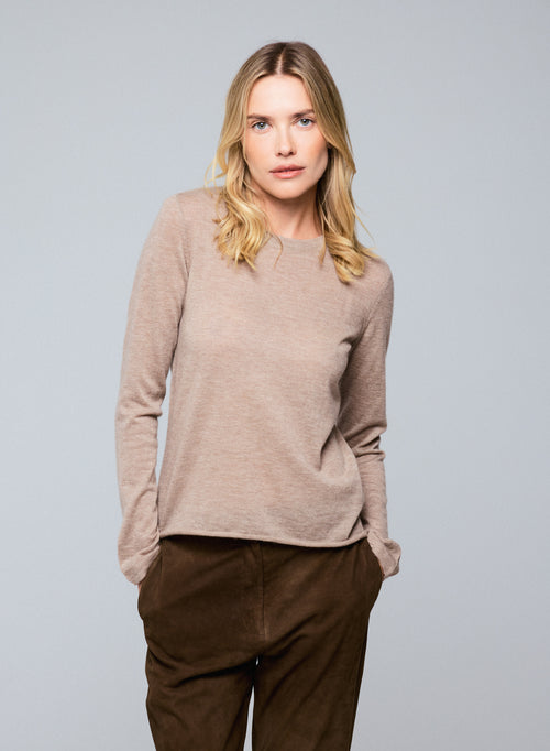 T-shirt Beige Col Rond Manches Longues en Cachemire - MAJESTIC FILATURES