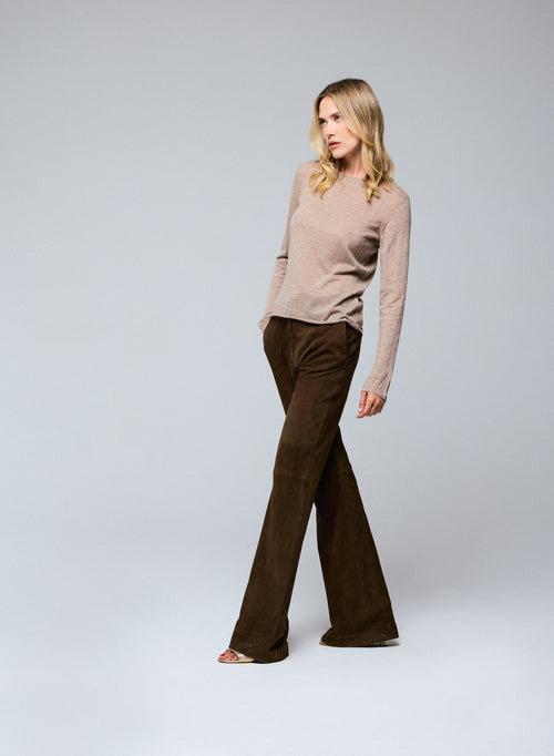 T-shirt Beige Col Rond Manches Longues en Cachemire - MAJESTIC FILATURES