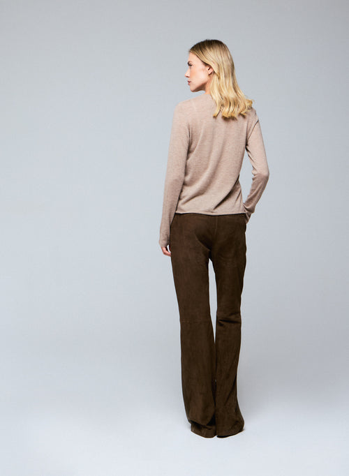 T-shirt Beige Col Rond Manches Longues en Cachemire - MAJESTIC FILATURES