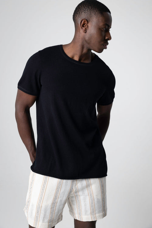 T-shirt Noir Col Rond Manches Courtes en Cachemire - MAJESTIC FILATURES