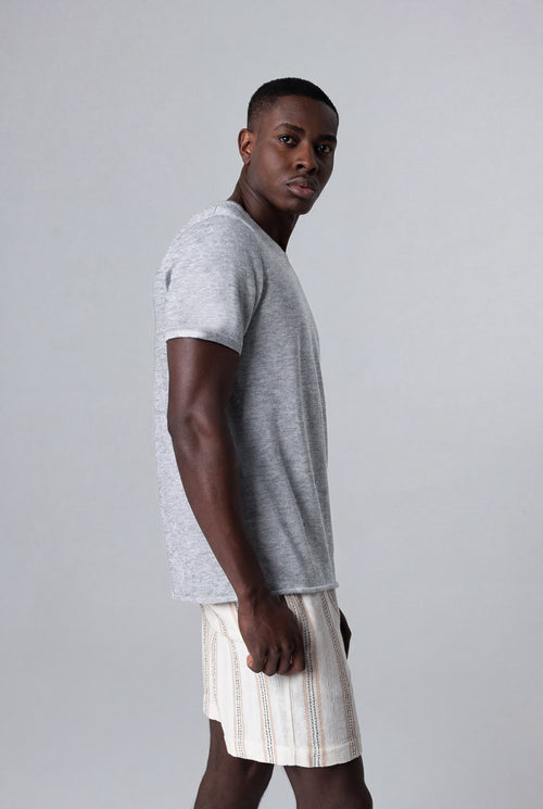 T-shirt Gris Col Rond Manches Courtes en Cachemire - MAJESTIC FILATURES