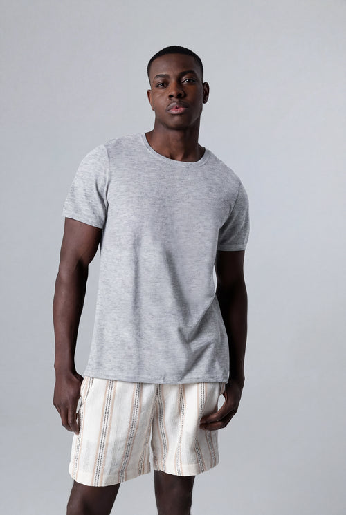 T-shirt Gris Col Rond Manches Courtes en Cachemire - MAJESTIC FILATURES