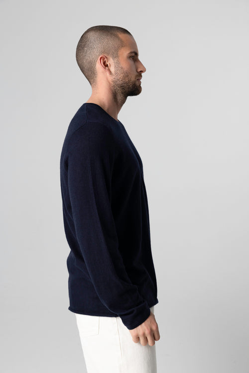 Navy Round-Neck Long-Sleeve Cashmere T-shirt - MAJESTIC FILATURES