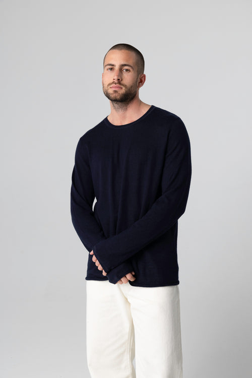 Navy Round-Neck Long-Sleeve Cashmere T-shirt - MAJESTIC FILATURES