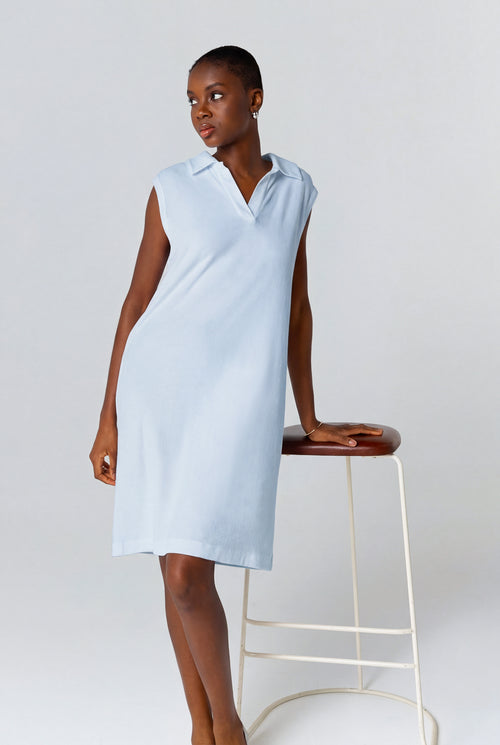 Blue Calanques Tunisian Collar Sleeveless Dress in Organic Cotton / Polyamide - MAJESTIC FILATURES