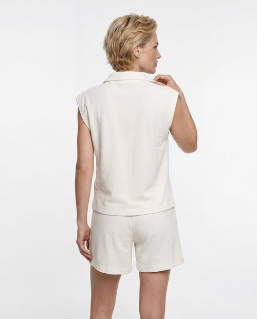 Sleeveless Polo-Neck Organic Cotton / Polyamide T-Shirt in Milk - MAJESTIC FILATURES
