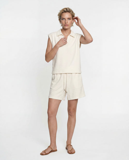 Sleeveless Polo-Neck Organic Cotton / Polyamide T-Shirt in Milk - MAJESTIC FILATURES