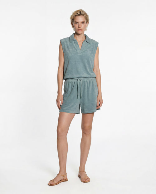 T-shirt Bleu Calanques Col Polo Sans Manches en Coton Organique / Polyamide - MAJESTIC FILATURES