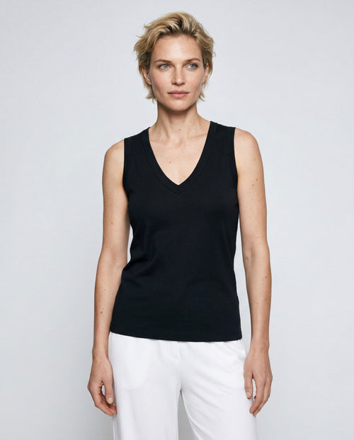 Ärmelloses Tanktop mit V-Ausschnitt aus Bio-Baumwolle/Seide in Schwarz - MAJESTIC FILATURES