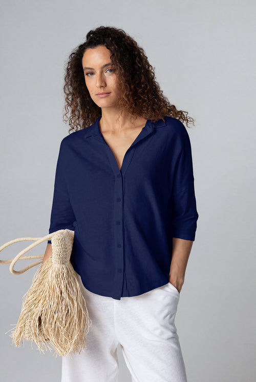 Chemise Marine Manches Courtes en Coton / Lin - MAJESTIC FILATURES