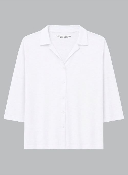 Short-Sleeved Cotton / Linen Collared Shirt in Milk - MAJESTIC FILATURES