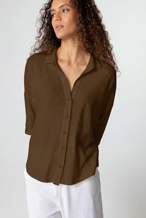 Dark brown short-sleeved shirt in cotton / linen - MAJESTIC FILATURES