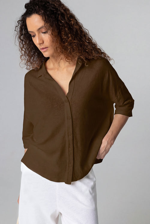 Chemise Marron Foncé Manches Courtes en Coton / Lin - MAJESTIC FILATURES