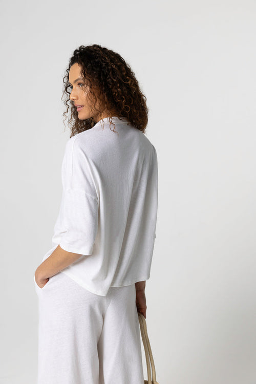 Short-Sleeved Cotton / Linen Collared Shirt in Milk - MAJESTIC FILATURES