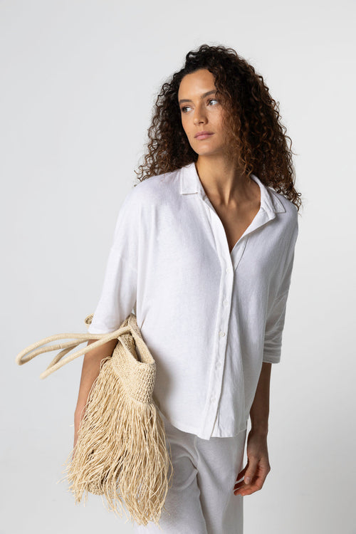 Short-Sleeved Cotton / Linen Collared Shirt in Milk - MAJESTIC FILATURES