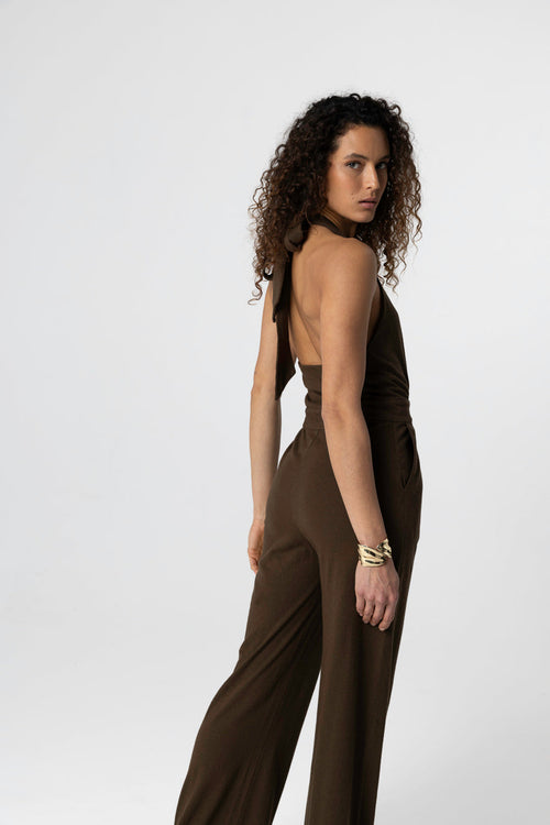 Cotton/linen knotted neck tonka jumpsuit - MAJESTIC FILATURES
