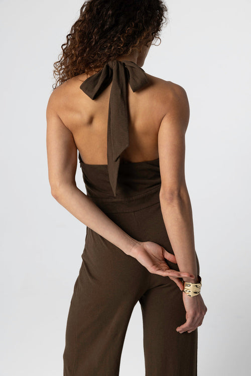 Cotton/linen knotted neck tonka jumpsuit - MAJESTIC FILATURES