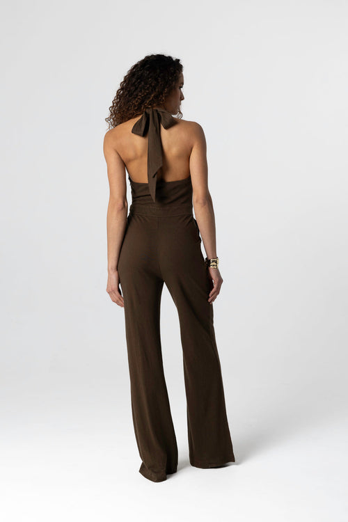 Cotton/linen knotted neck tonka jumpsuit - MAJESTIC FILATURES
