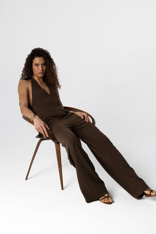 Cotton/linen knotted neck tonka jumpsuit - MAJESTIC FILATURES