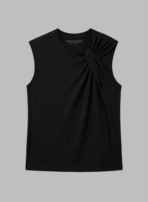 Black Tie-Neck Tank Top in Cotton / Linen - MAJESTIC FILATURES