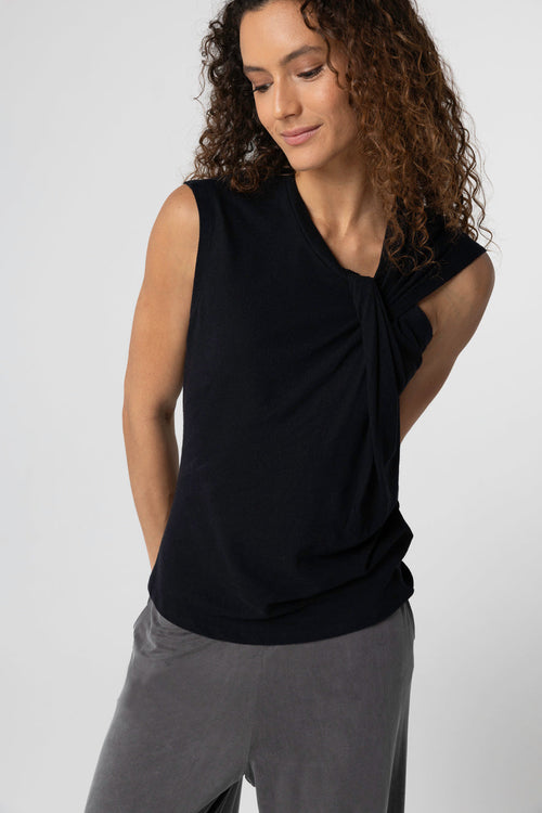 Camiseta sin mangas negra con cuello anudado de algodón/lino - MAJESTIC FILATURES