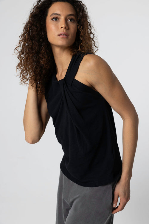 Black Tie-Neck Tank Top in Cotton / Linen - MAJESTIC FILATURES
