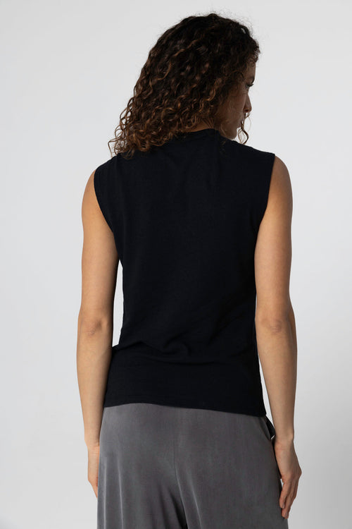 Black Tie-Neck Tank Top in Cotton / Linen - MAJESTIC FILATURES