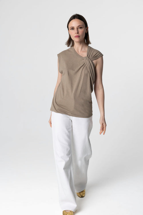 Débardeur Coffee Latte Col Noué Sans Manches en Coton / Lin - MAJESTIC FILATURES