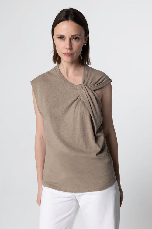 Débardeur Coffee Latte Col Noué Sans Manches en Coton / Lin - MAJESTIC FILATURES