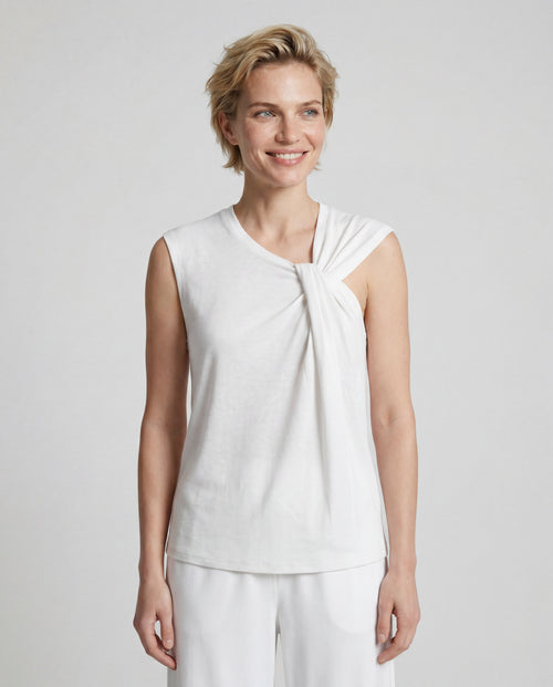 White Tie-Neck Tank Top in Cotton / Linen - MAJESTIC FILATURES