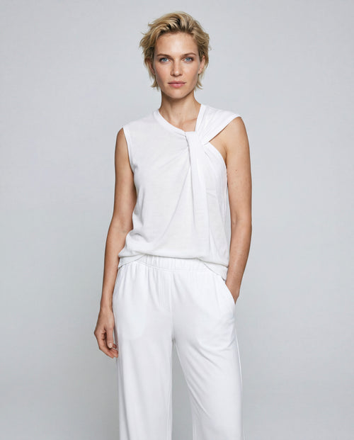 White Tie-Neck Tank Top in Cotton / Linen - MAJESTIC FILATURES