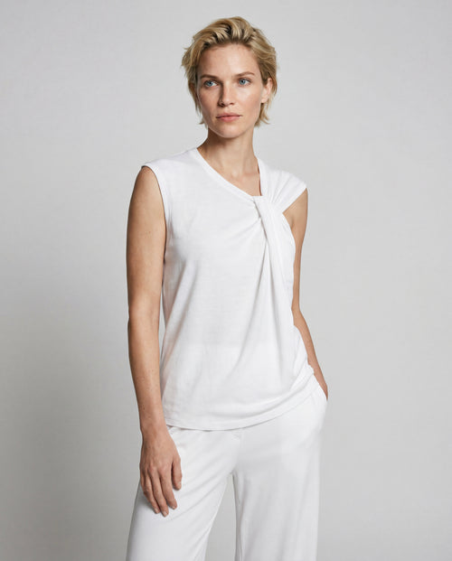 White Tie-Neck Tank Top in Cotton / Linen - MAJESTIC FILATURES