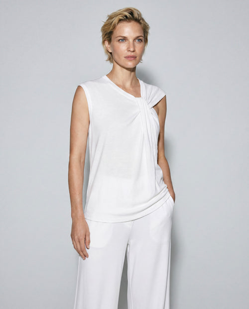 White Tie-Neck Tank Top in Cotton / Linen - MAJESTIC FILATURES