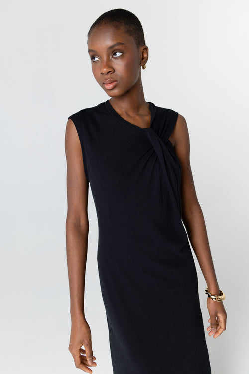 Robe Noir Col Noué Sans Manches en Coton / Lin - MAJESTIC FILATURES