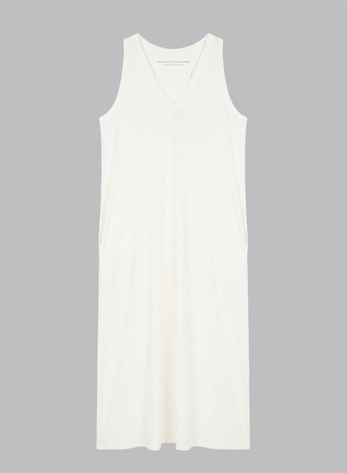Ärmelloses Kleid mit V-Ausschnitt aus Baumwolle/Leinen in Weiß - MAJESTIC FILATURES
