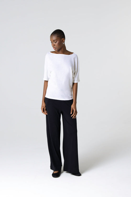 T-Shirt mit U-Boot-Ausschnitt und kurzen Ärmeln aus Baumwolle/Leinen in Weiß - MAJESTIC FILATURES