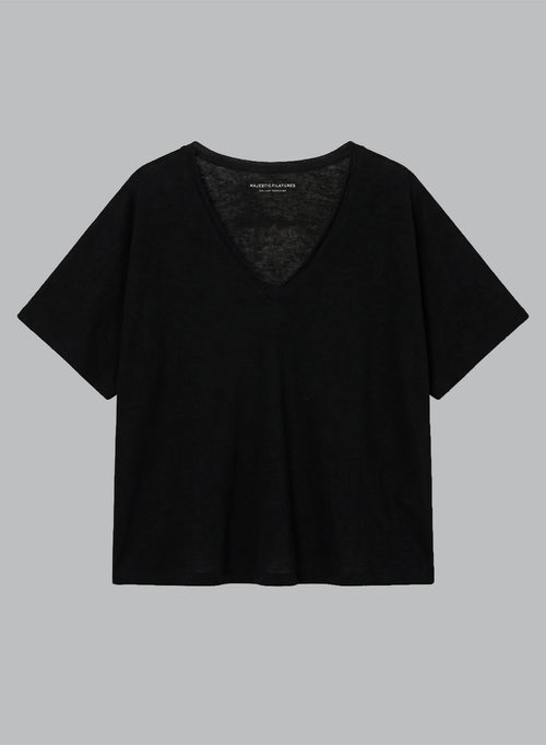 Black V-neck Short-Sleeve T-shirt in Cotton / Linen - MAJESTIC FILATURES