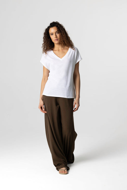 Camiseta con cuello en V y manga corta de algodón/lino color leche - MAJESTIC FILATURES