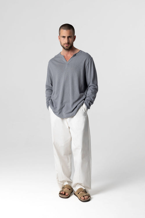 Langärmeliges tunesisches Hemd aus Baumwolle/Leinen in Grau - MAJESTIC FILATURES